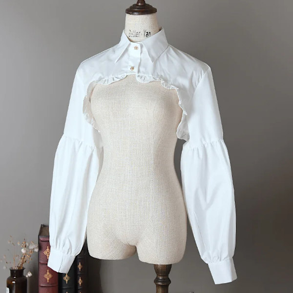 Women Puff Long Sleeve Half Top Blouse Ruffled Golden Button Detachable False Fake Collar Sweater Decorative Accessories t shirt