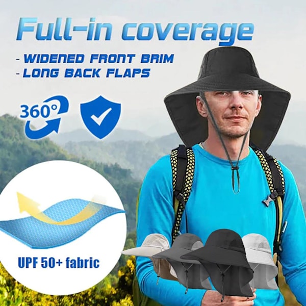 Solhatt för män och kvinnor med nackskydd UPF 50+ UV-skyddande vandrings- och fiskehattar ＋ grey onesize
