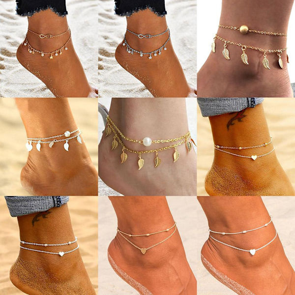 Löv & Hjärta Fotlänk Fotkedja Boho Strand Pärlor Silverpläterad I6R6 F One size