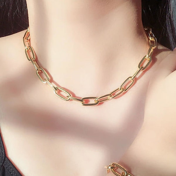 Tjockt chunky halsband med stora länkar i papper, guld/silver silver One-size
