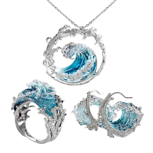 Havstema Smyckesset, Boho Hav Halsband Örhängen/Ringar Set, Sommar Marint Tema Smyckesgåvor, Strass Havsring, Inspirerande Havssmycke 3pcs One size