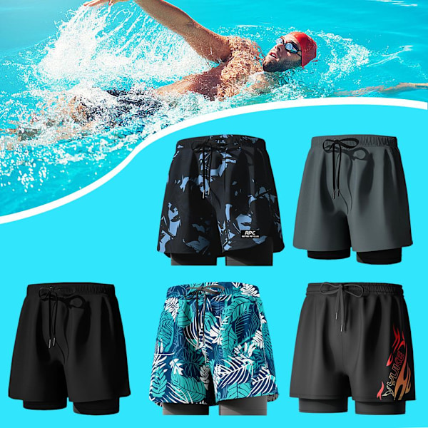 Badbyxor med Kompressionsfoder Stretch Herr Badkläder 2 i 1 Snabbtorkande A7 Black 2XL(recommended125-145 pounds)