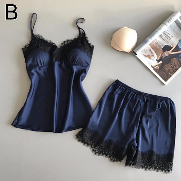 S-xxl Spets Pyjamasset Dam V-ringad Casual Pyjamas Linne Sommar Shorts Set P3f9 Blue M
