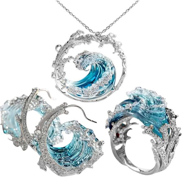 Havstema Smyckesset, Boho Hav Halsband Örhängen/Ringar Set, Sommar Marint Tema Smyckesgåvor, Strass Havsring, Inspirerande Havssmycke 3pcs One size