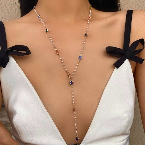 Klassisk Y-formad halsband för kvinnor Långt glashalsband Min K 1pcs