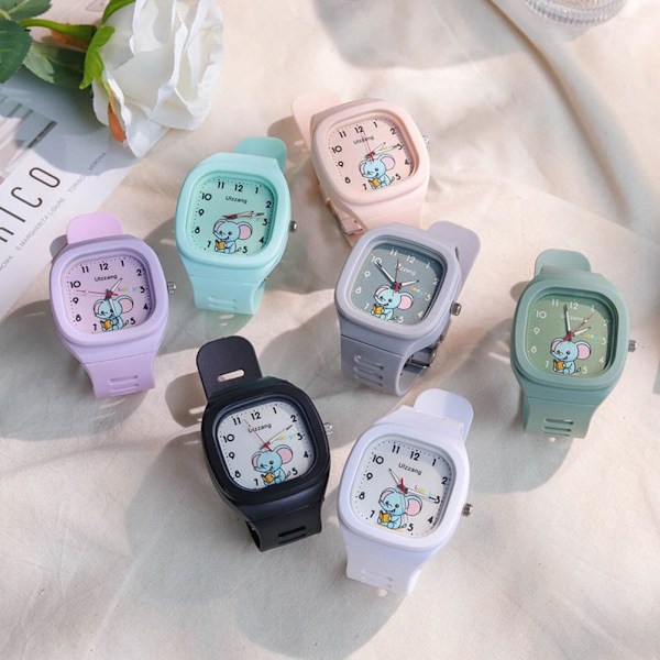 Söt Elefant Fyrkantig Klocka Silikonarmband Barnklocka Unisex Hot G6 White One size