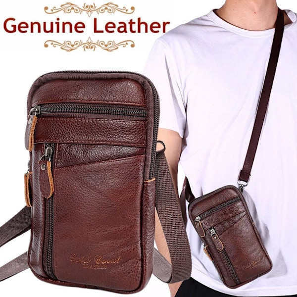 Herr Äkta Läder Mode Telefonficka Bältesväska Midjeväska Crossbody Pack Y black One-size