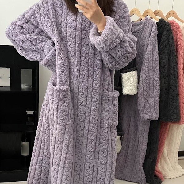 Dam Vinter Tjock Nattlinne Mjuk Korall Sammet Långärmad Sovkläder Ny White One size
