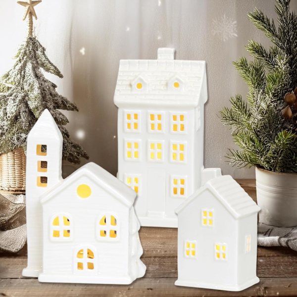 Julby-set, Keramiska LED-upplysta julbyhus, Vita porslinsbyhus, Julstadsscen skrivbordsdekoration RH2251 one-size 3pcs