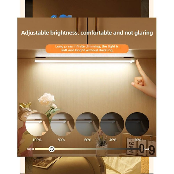 Skåpbelysning LED med Rörelsesensor, Magnetisk, Trådlös, Dimbar, Under Bänkbelysning, Automatisk På/Av, Självhäftande White 10cm