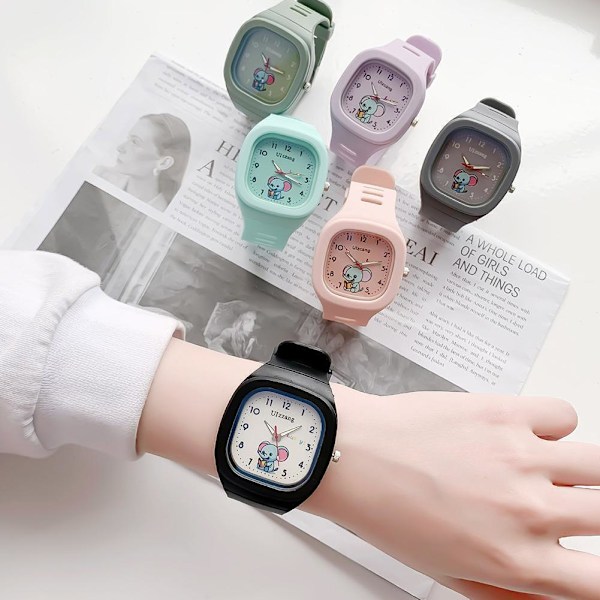 Söt Elefant Fyrkantig Klocka Silikonarmband Barnklocka Unisex Hot G6 White One size