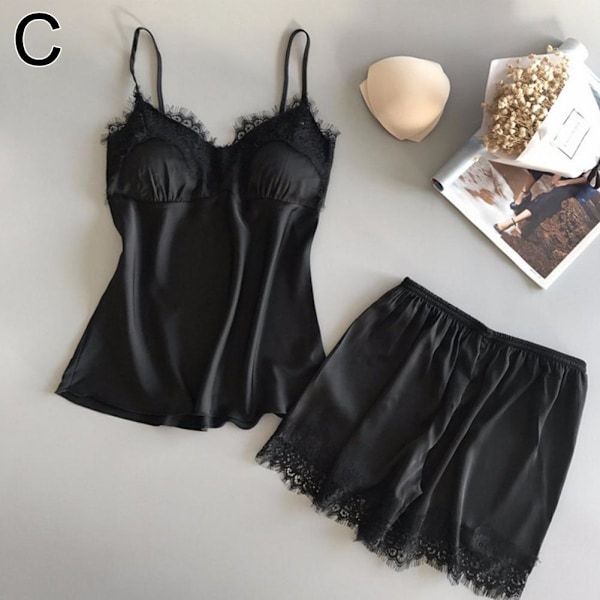 S-xxl Spets Pyjamasset Dam V-ringad Casual Pyjamas Linne Sommar Shorts Set P3f9 Black L