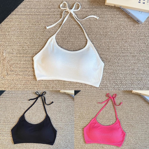 Halslinne med enkel axelband, stretchigt räfflat tyg, bekväm mjuk BH, sömlös U-formad BH, sport-BH Pink One size