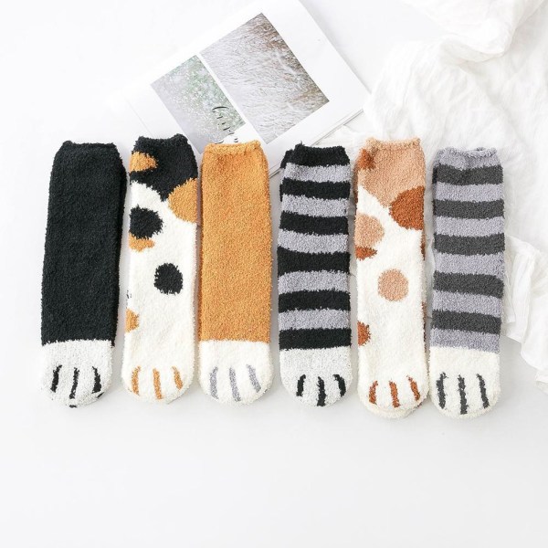 6 par Cat Paw Socks-Corals Fleece strumpor/Super Soft Plysch Slippe black One-size 6pcs