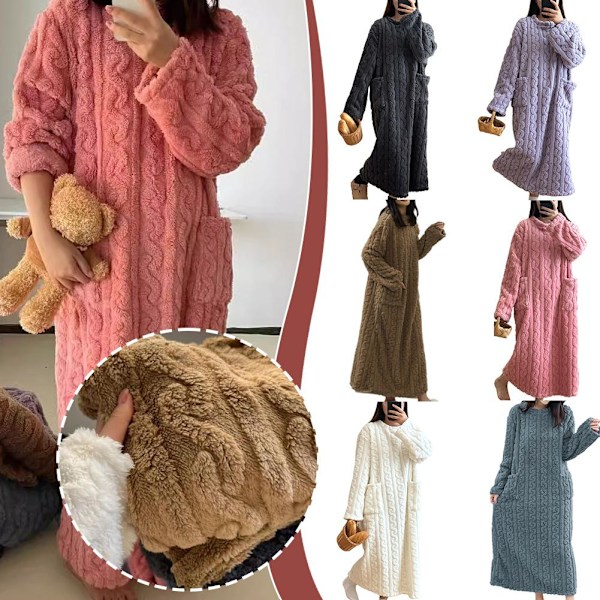 Dam Vinter Tjock Nattlinne Mjuk Korall Sammet Långärmad Sovkläder Ny Pink One size