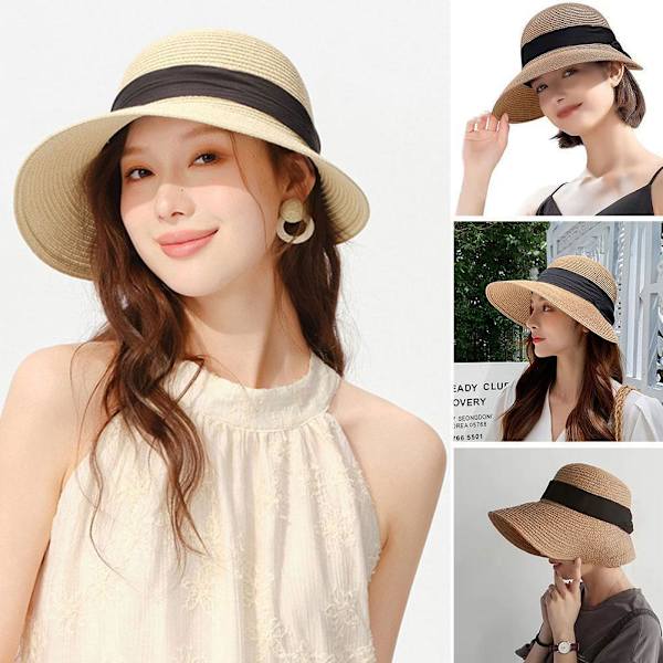 Vikbar Dam Dam Sommar Sol Strand Floppy Derby Hatt Halm Hink Brätte W1Z6 beige one-size