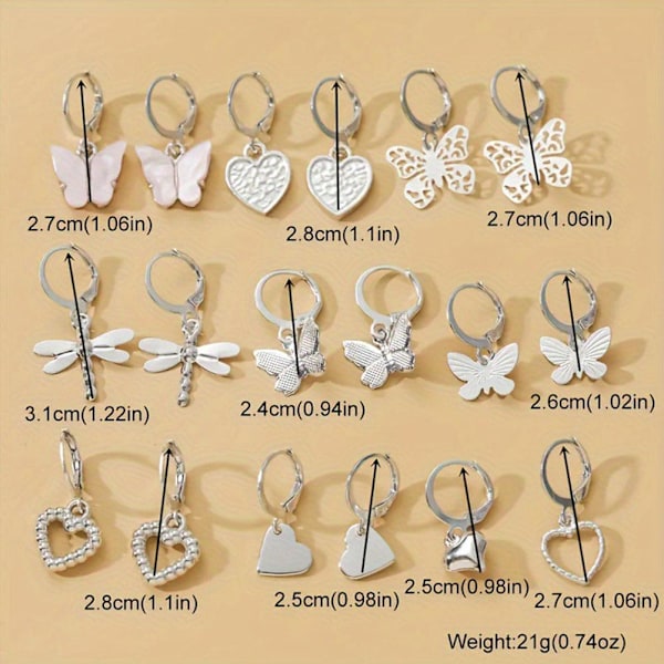 9 par/set Mode Fjäril Hjärta Hoop Örhängen Set Smycken Kvinnor Hängande I3O1 A one size