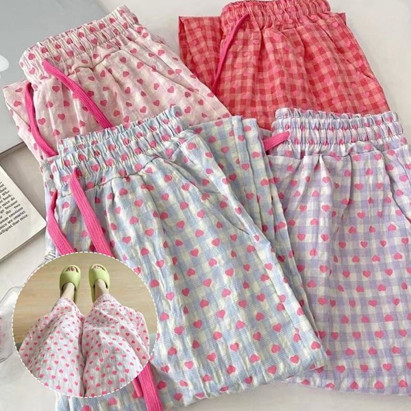 Pyjamas med kärleksmönster, dam, vår och höst 2024, nya avslappnade långbyxor för kvinnor K4D5 Pink One size