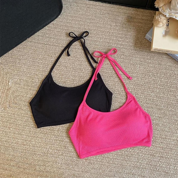 Halslinne med enkel axelband, stretchigt räfflat tyg, bekväm mjuk BH, sömlös U-formad BH, sport-BH Pink One size