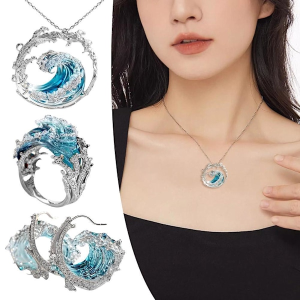 Havstema Smyckesset, Boho Hav Halsband Örhängen/Ringar Set, Sommar Marint Tema Smyckesgåvor, Strass Havsring, Inspirerande Havssmycke 3pcs One size