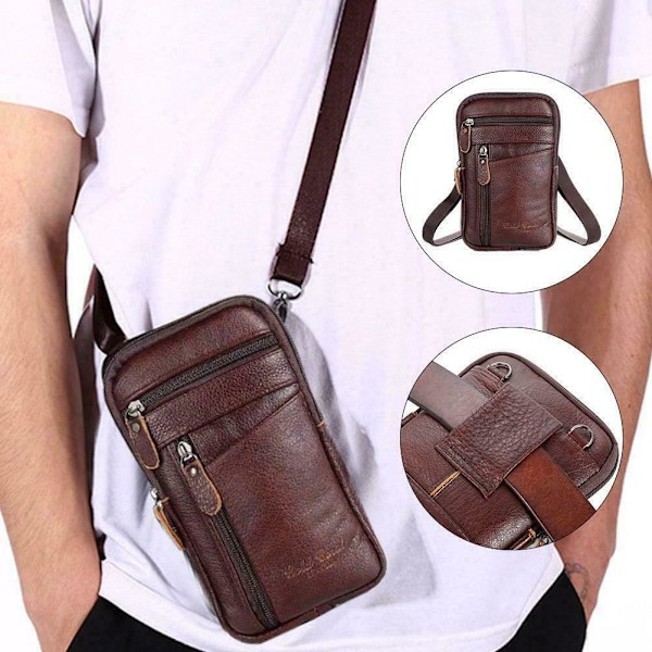 Herr Äkta Läder Mode Telefonficka Bältesväska Midjeväska Crossbody Pack Y black One-size
