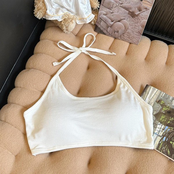 Halslinne med enkel axelband, stretchigt räfflat tyg, bekväm mjuk BH, sömlös U-formad BH, sport-BH White One size