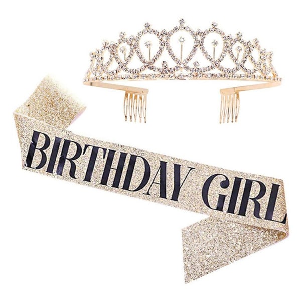 Födelsedag Tiara och Sash Kit Rhinestone Princess Crown for Birthd Rose Gold One size