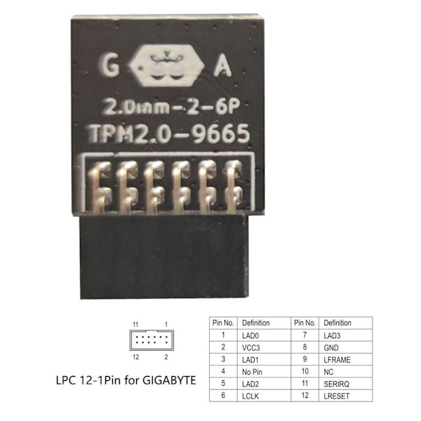 GIGABYTE TPM-säkerhetsmodul (12 stift 12-1) TPM2.0-kompatibel Pla FOR MSI LPC 14 PIN One-size