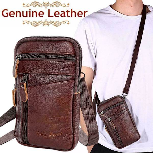 Herr Äkta Läder Mode Telefonficka Bältesväska Midjeväska Crossbody Pack Y black One-size