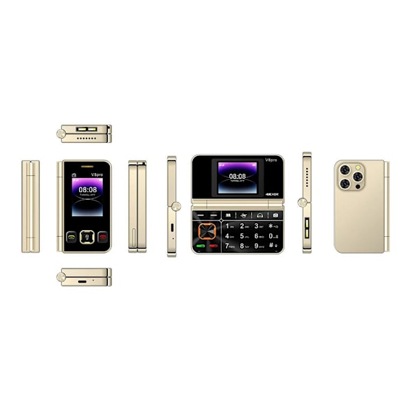 För V8pro Dual Screen Vikbar Flip Funktion Telefon Utländskt Knappspråk C8T4 gold 1pcs