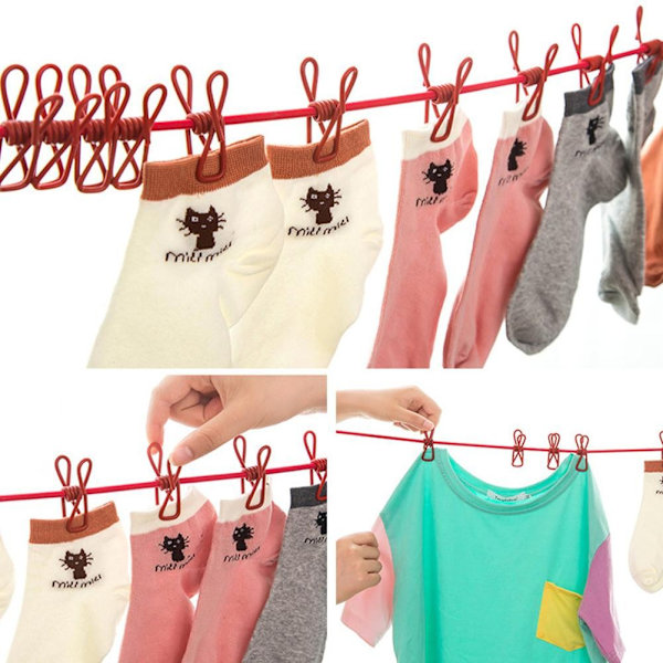 Bärbar Klädlina med 12 Klämmor Utomhus Camping Halkfri Stretch Klädlina P5z2 Pink 1pcs