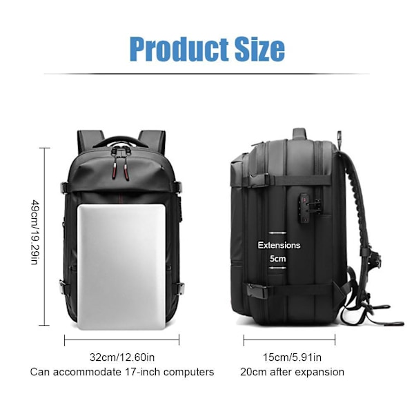 Vacpack Ryggsäck, Expanderbar Ryggsäck Med Vakuumkompression, Stöldskydd Vacpack Rese Vakuum Ryggsäck, Res med Lätthet och Maximera Utrymmet Black onesize