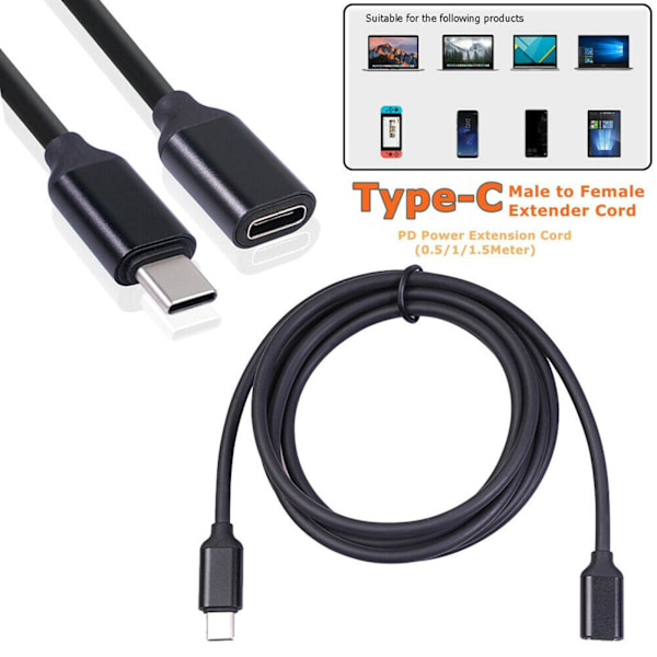 Typ C hane till hona PD laddnings USB C förlängningskabel Sync Ext blackC 1.5m