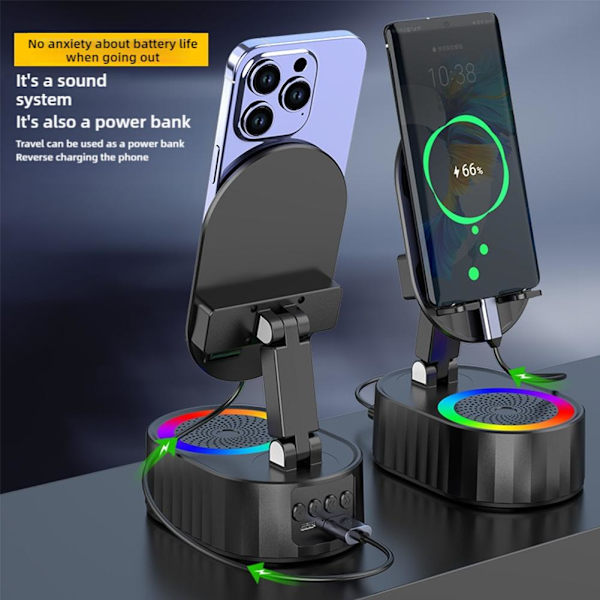 3-i-1 Telefonhållare Induktiv Bluetooth-högtalare Hållare 360° Roterande Vikbar K7R6 White 1set