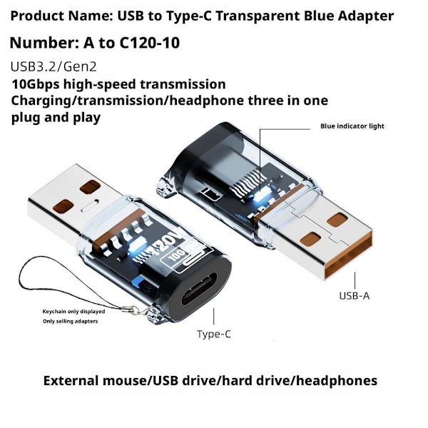 120W USB 3.2 till Typ C Adapter USB Hona till Typ C Hane Snabbladdning Adad M9Y9 transparent 1pcs