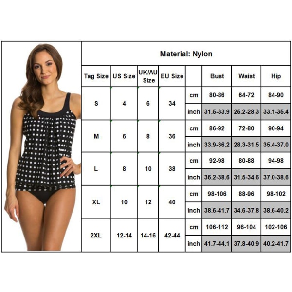 Dam Tankini Bikini Set Baddräkt Polka Dot Svart Black 2XL