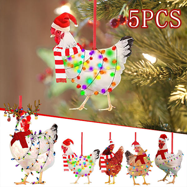 5 stk. juletrepynt i tre, kylling, hengende ornamenter jul