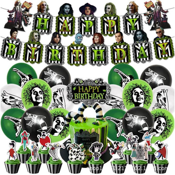 Syntymäpäiväjuhlatarvikkeet, Söpöt Beetle Juice -syntymäpäiväkoristeet Juhlatarvikkeet Ilmapallo Kakku Cupcake Topper Bannerit