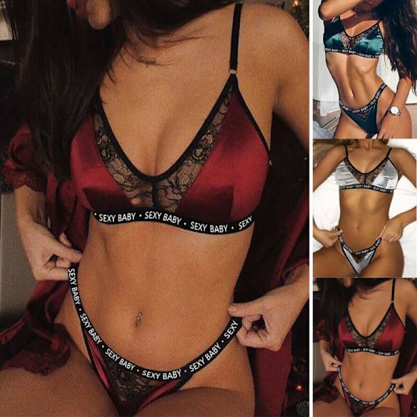 Sextuellt spetsunderklädesset för kvinnor - Topp, bh och nattkläder Red XL