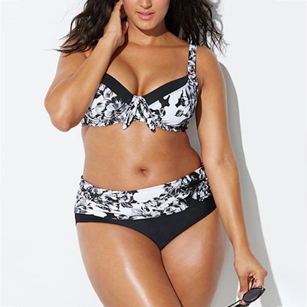 Plus Size Dame Sort Hvid Blomstret Bikini Sæt Badetøj Badedragt Black & White 2XL