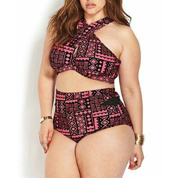 Plus size dam Aztec High Waisted Bikini Set Badkläder Baddräkt Red XL
