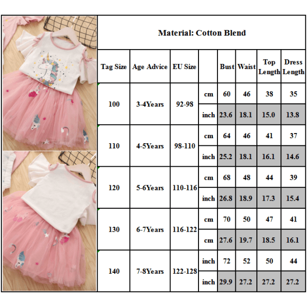 Kid Girls Unicorn Princess Dress Rainbow Birthday Tutu Tulle Kjol Party T-Shirt White 130cm