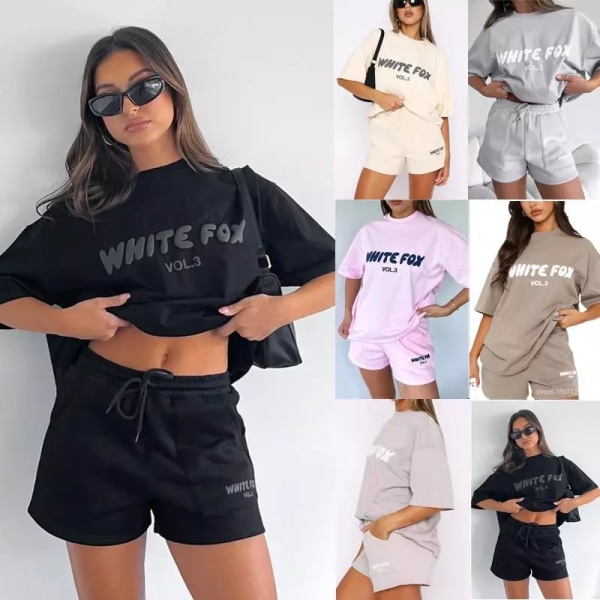 Kvinnors 2st set White Fox T-shirt Top Shorts Byxor Hot Pants Casual sommar träningsoveraller Apricot color XL