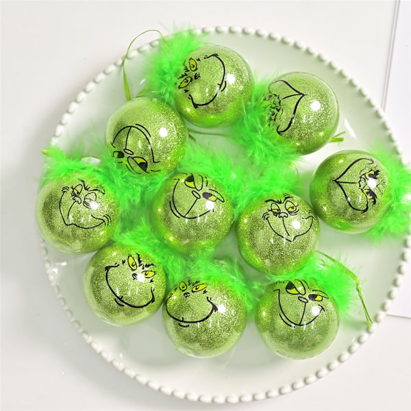 12 STK Store Søte Grinch Juletrepynt med Fuzzy Grønt Hår, Grinch Julekuler Juleball Festdekor Grinch Julepynt 12PCS