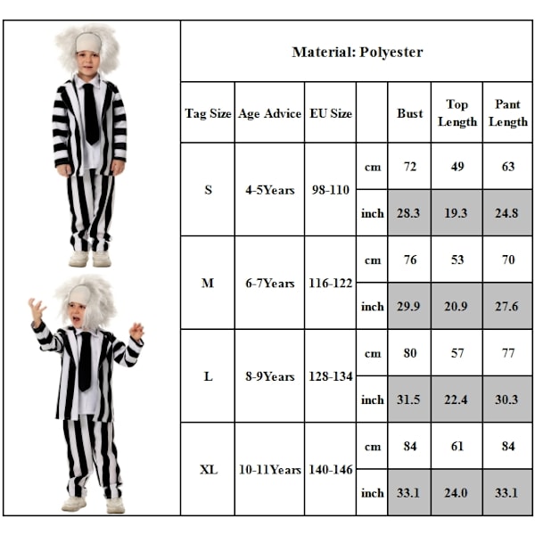 Hauska Beetlejuice-lastenpuku, mustavalkoraidallinen takkipuku, sopii elokuvaroolileikkeihin, aavepukeutumiseen ja Halloweeniin M