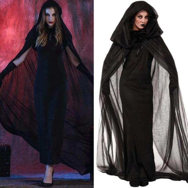 Halloween Grim Reaper Klänning med kappa med huva för kvinnor L = UK 12