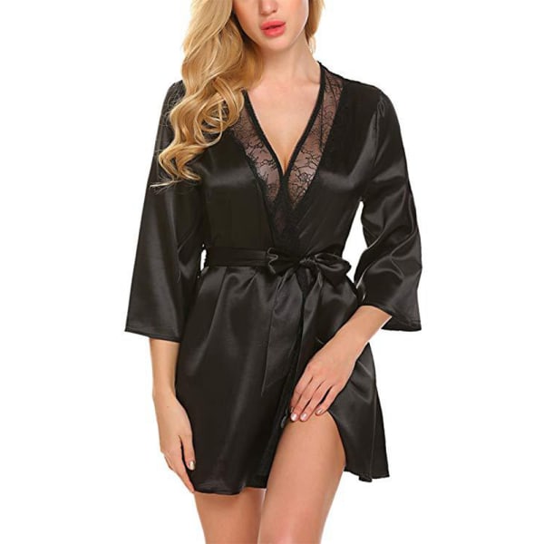 Kvinnor Sexig Satin Silk Nattlinne Underkläder Morgonrock Nattlinne Black XL