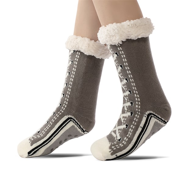 1 Par Ultra-Tjocka Cashmere-tofflor Hemstrumpor, Jultofflor, Jul med Halksäkra Tofflor Grey