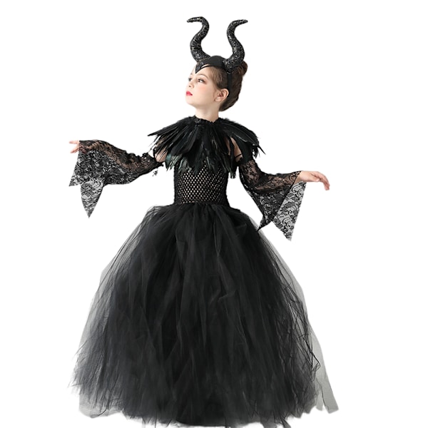 Maleficent Barnkläder för Flickor, Cosplay-Klänning, Horn, Vingar, Svart Tutuskjort, Halloween-Kostym M