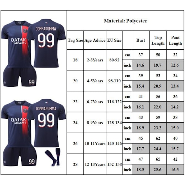 23-24 Paris Hjemmebane Trøje Børn Fodboldtrøje Sæt #99 DONNARUMMA Fodboldtøj Drenge Træningsdragt 18